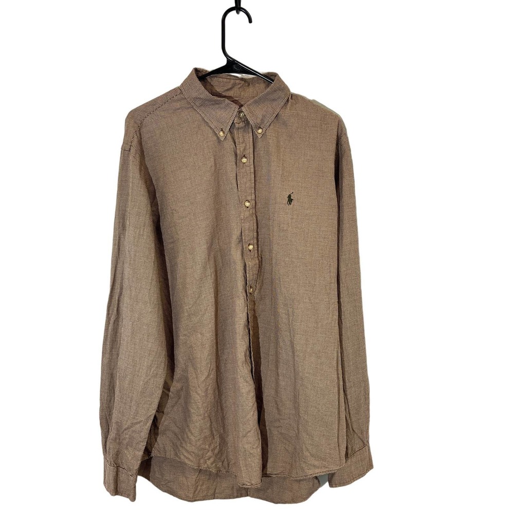 Polo Ralph Lauren Button Down Shirt Mens Size XL Tan Houndstooth Polo Logo